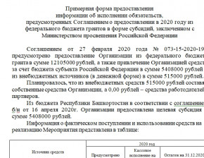 Примерная форма предоставления информации об исполнении обязательств, предусмотренных Соглашением о предоставлении в 2020 году из федерального бюджета грантов в форме субсидий, заключенном с Министерством просвещения Российской Федерации